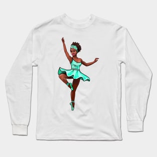 Ballet Dancer in green tutu dancing cute black girl African American brown skin ballerina - Dance Long Sleeve T-Shirt